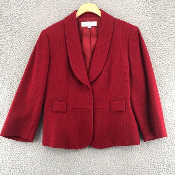 Tahari Blazer Womens 10 Petite Red Wool Blend Shawl Lapel Snap Front Career Work - Picture 1 of 9